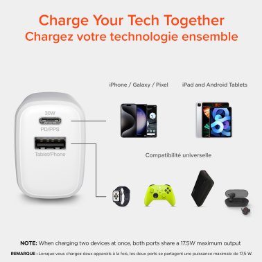 HyperGear 30W Dual Port USB-C PD 30W Max + USB-A 18W Max Wall Charger Hub - White