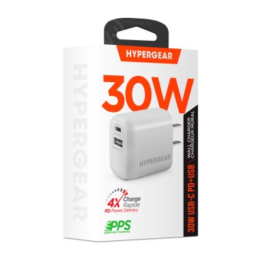 HyperGear 30W Dual Port USB-C PD 30W Max + USB-A 18W Max Wall Charger Hub - White