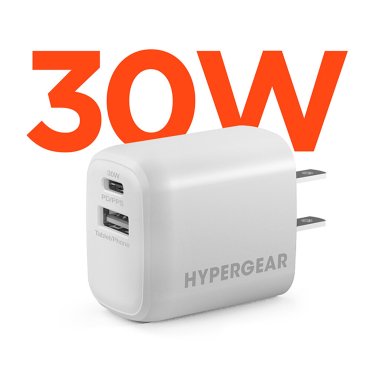 Included charger: HyperGear 30W Dual-Port USB-C PD + USB-A Wall Charger – White