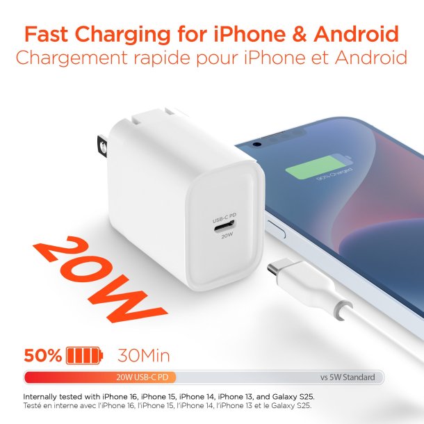 Included charger: Hypergear 20W USB-C PD Wall Charger Hub w/LED - White