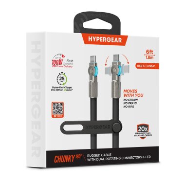HyperGear 6 ft. 180cm USB-C to USB-C Chunky 180 Rugged Cable w/Rotating Connectors - Black