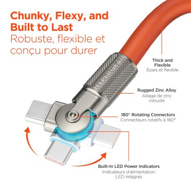 HyperGear 6 ft. 180cm USB-C to USB-C Chunky 180 Rugged Cable w/Rotating Connectors - Orange