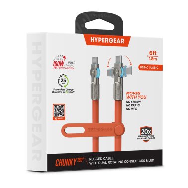 HyperGear 12 ft. 360cm USB-C to USB-C Chunky 180 Rugged Cable w/Rotating Connectors - Orange